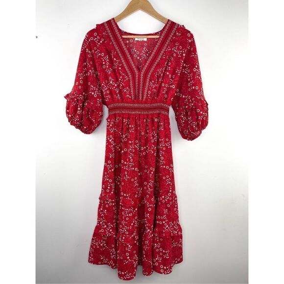 Max Studio V-Neck Empire Waist Dress in Red Size S Puff Sleeve Floral - Picture 2 of 10